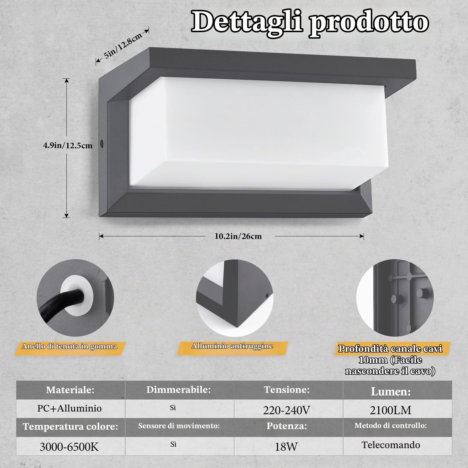 YindaLux Lampada da esterno con sensore di movimento, lampada da parete a LED da 18 W, con telecomando, IP65, impermeabile, moderna, per interni ed esterni, 3000-6500 K, dimmerabile, per giardino
