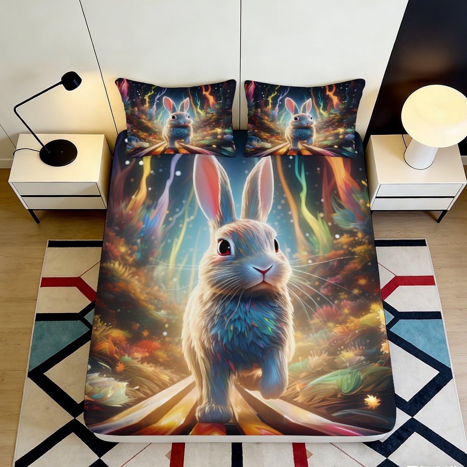 3D Printed Magical Rabbit Fitted Sheet Microfiber Soft Breathable Fantasy Forest Bed Cover for Bedroom Dormitory Guest Room Mattress Protection Decor 90x200x25cm