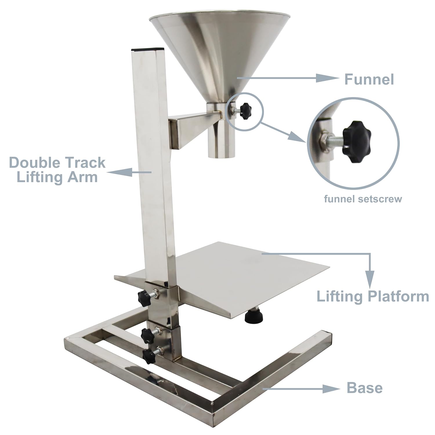 TECHTONGDA Stainless Steel Funnel Food Grade Kitchen Feeding Hopper with Support Stand and Lifting Platform for Powder, Paste, Liquid, Granule Manual Filling Package Bottom Diameter 2 Inch