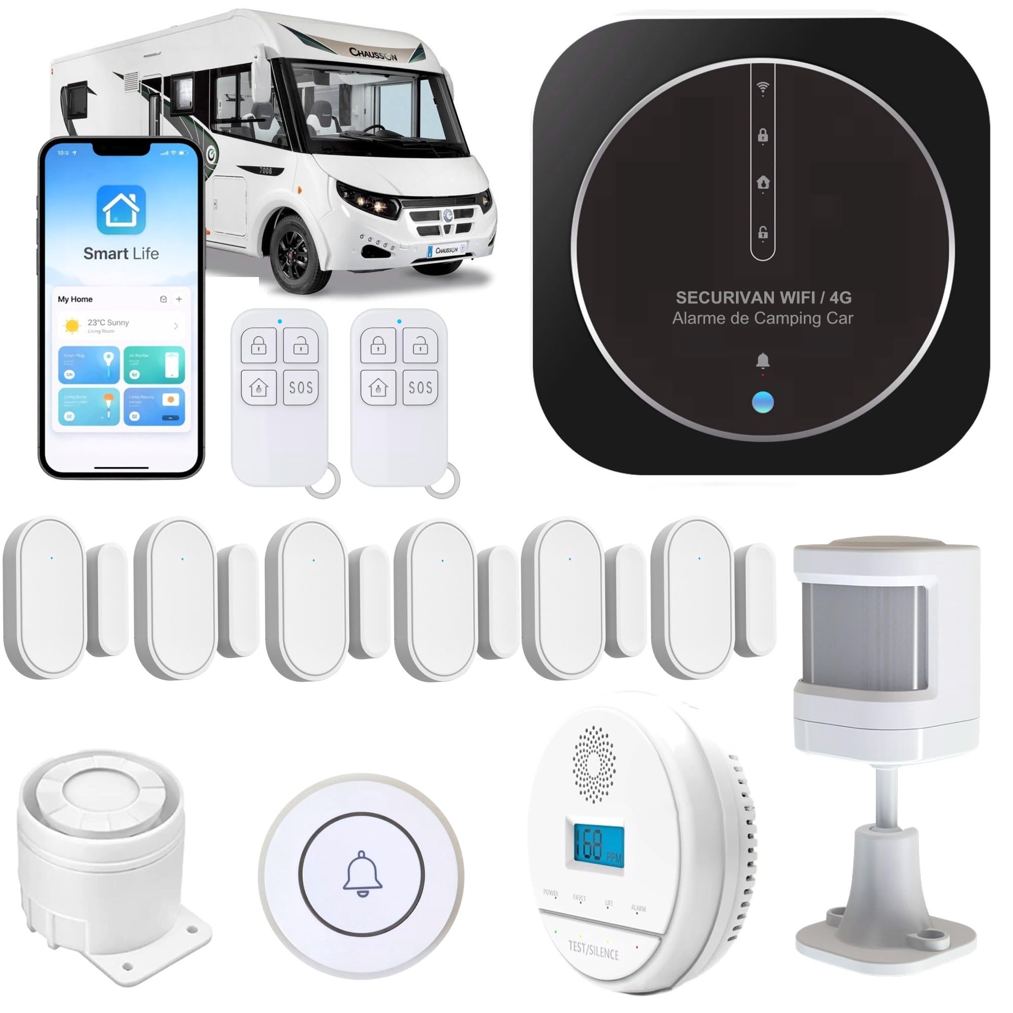 Alarme de Camping Car – WIFI/4G – Surveillance 24h/24h – Alerte sur téléphone - 2 Sirènes – Basse consommation – Adapté aux cloison Alu/Polyeste - Expédiée programmée – Détection CO2