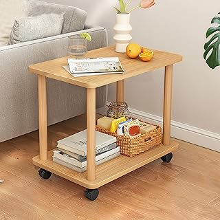 Calager Side Table End Table,2-Tier Storage Shelves,Narrow Bedside Table Nightstand With 4 Wheels,Removable Solid Wood Slim Snack Coffee Table Modern Sofa Table for Bedroom, Living Room Small Space