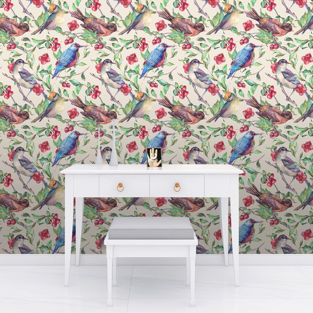 Leaf Wallpaper Peel and Stick Birds Wallpaper Vintage Removable Contact Paper Red Fruit Self Adhesive Wall Paper for Bedroom Bathroom Cabinet Drawers 17.7in x 9.8ft