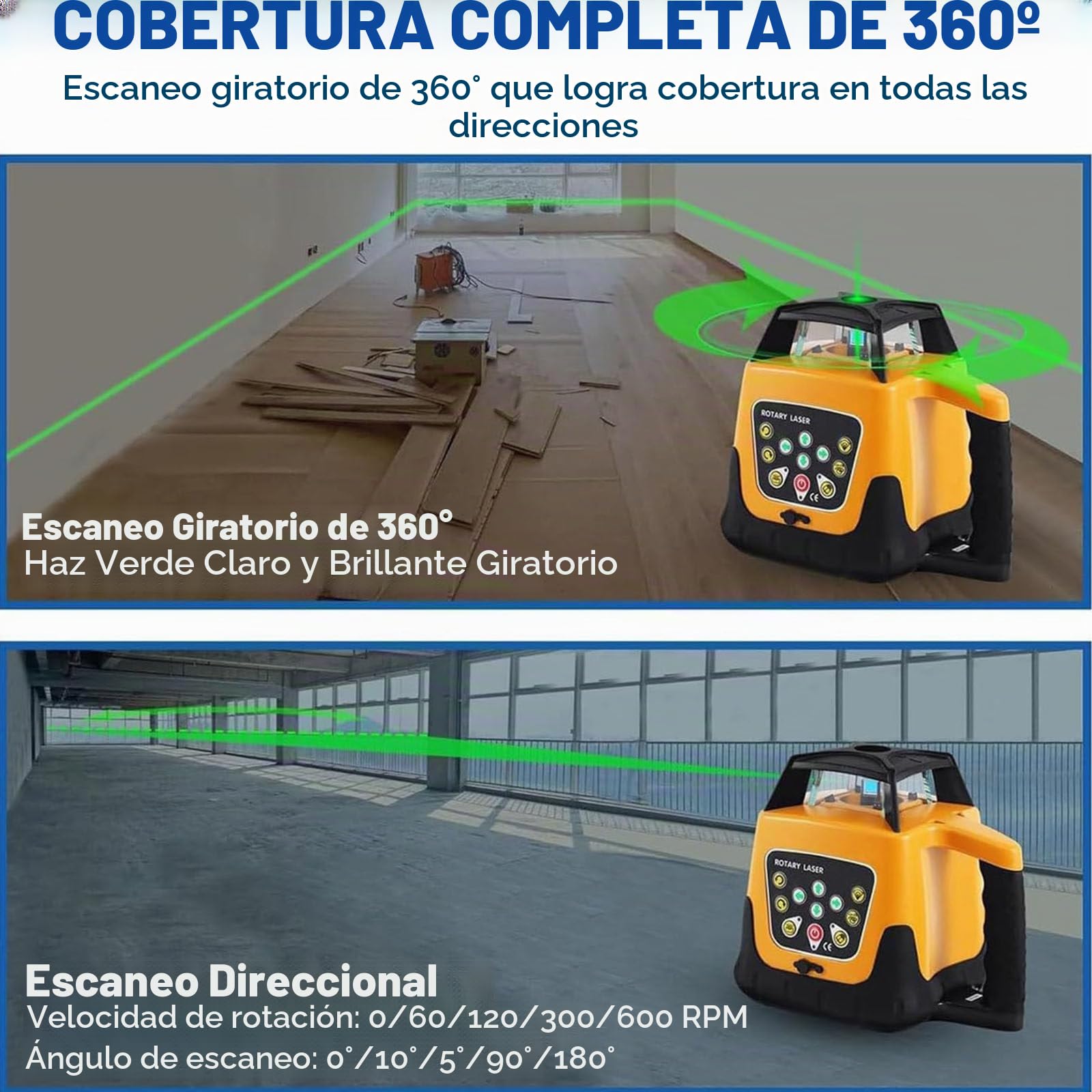 Nivel láser autonivelante Escaneo Giratorio 360° Vertical Horizontal 500 m para construcción Edificios Profesionales Albañilería Cercas Contratistas Cimientos,Green Beam