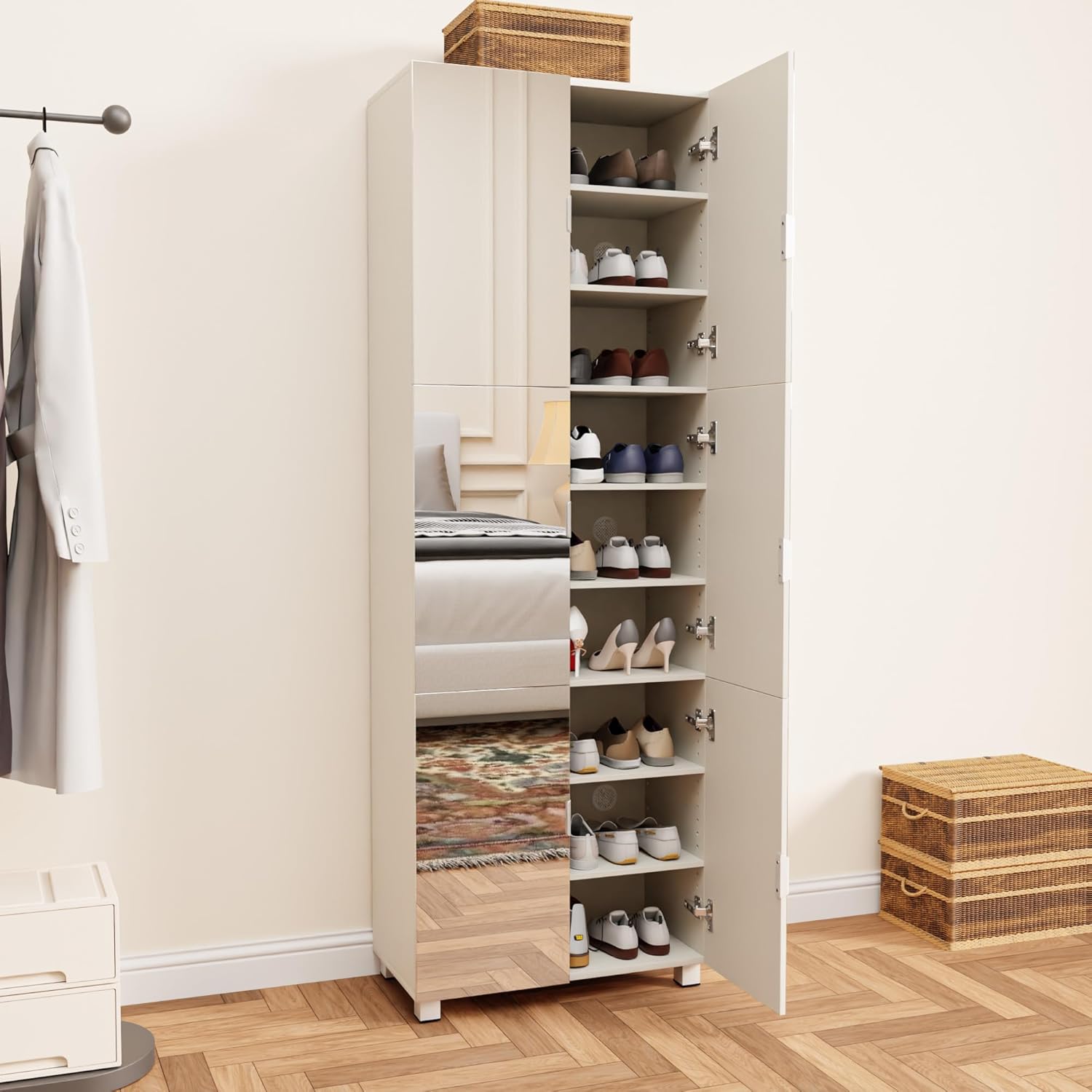 Mirror Shoe Cabinet with 6 Open Door, 8 Height Adjustable Shelves & for 27-36 Pairs Shoe, Free Standing Shoe Rack Organizer for Entryway, White