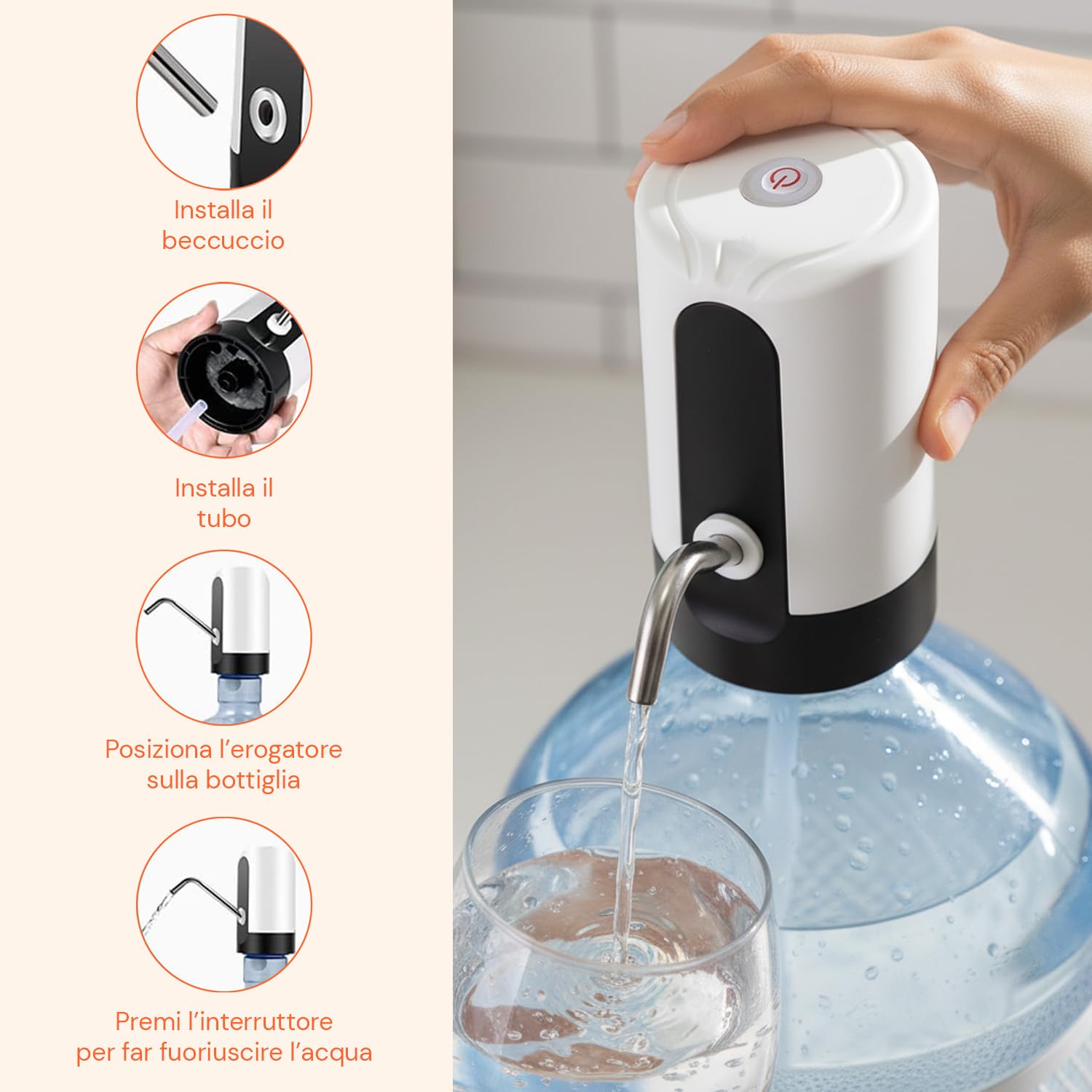 Avilia Dispenser Acqua Elettrico Pompa USB per Boccioni 5L 8L 20L Erogatore Automatico Beccuccio Inox Tubo Silicone Alimentare