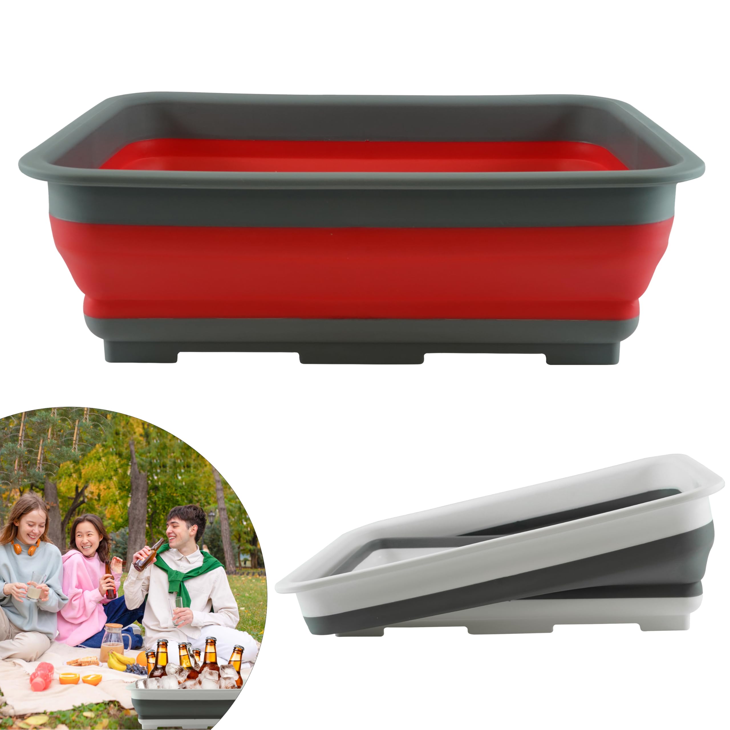 HOVUK 2X Collapsible Washing Up Bowls 10L, Red and White Collapsible Washing Up Bowl Retractable Portable Water Storage Basin for Camping and Outdoor Activities, Size-37.5cm — image 1