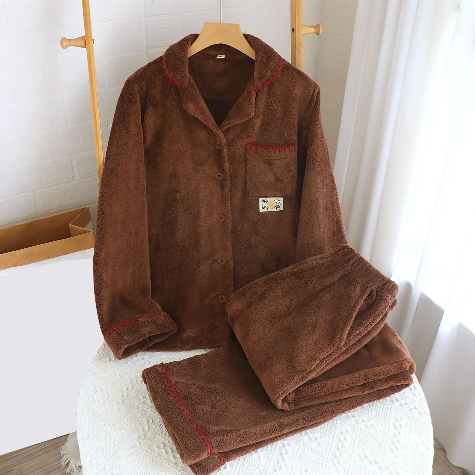 Generisch Pigiama da donna in tinta unita, leggero, morbido, pigiama con bottoni, biancheria da notte e pantaloni da pigiama, 2 pezzi, casual, elegante, per la casa, per il tempo libero