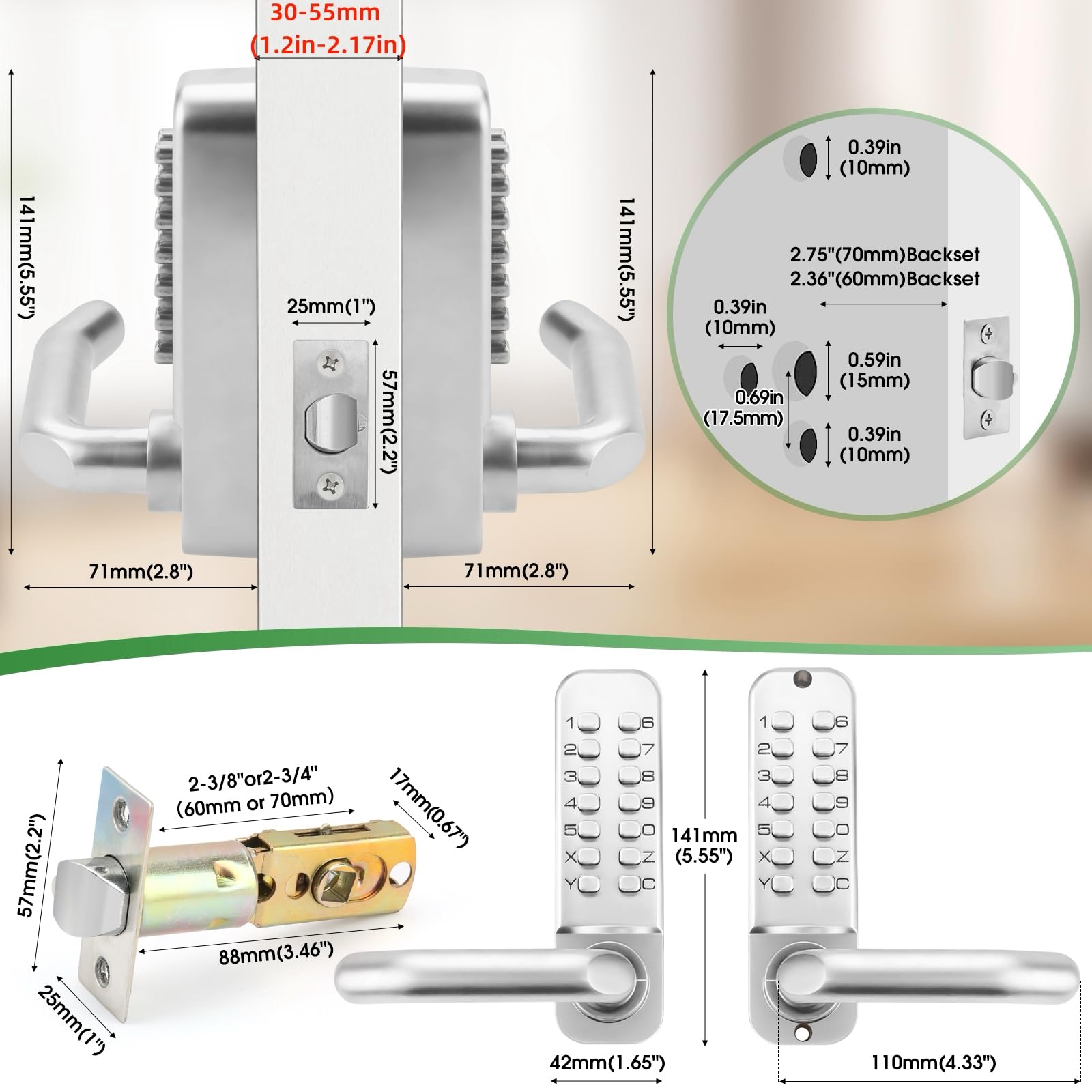 Mechanical Keyless Entry Door Lock – Digital Code Keypad, Stainless Steel, 2-Year Warranty