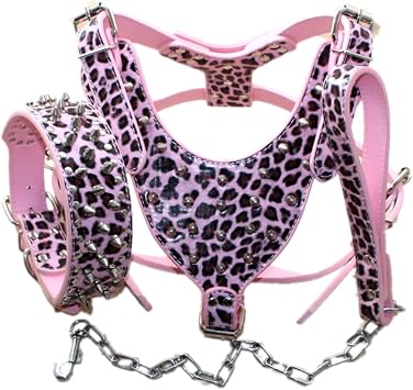 Leather Spiked Studded Medium & Large Dog Collars, Harnesses & Chain Leashes 3Pcs Matching Set for Pit Bull,Mastiff, Boxer, Bull Terrier