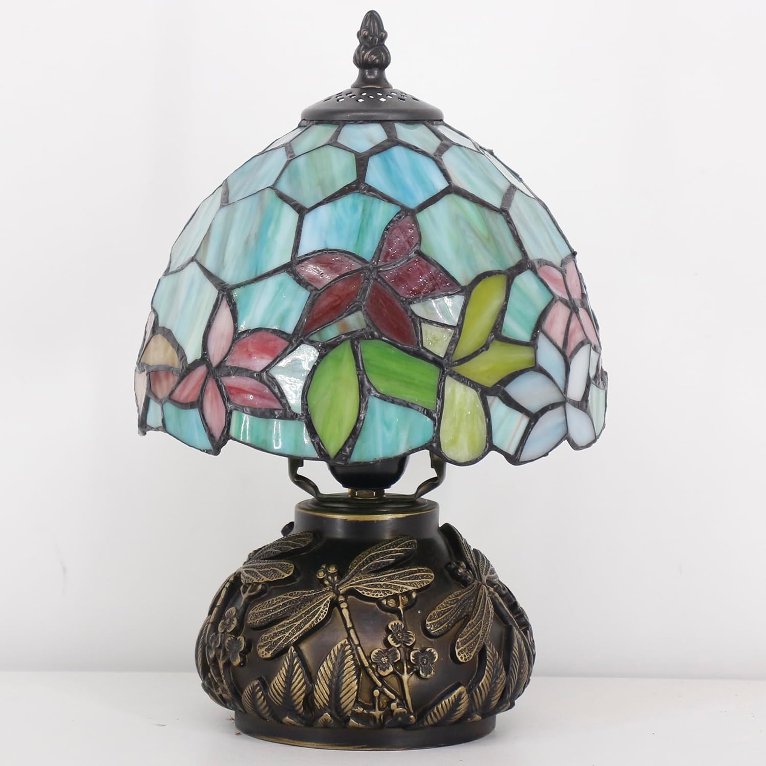 Small Tiffany Lamp Mini Stained Glass Table Lamp Red Green Flowers Style Mushroom Desk Light Memory Sympathy Lamp 8X11 Inch