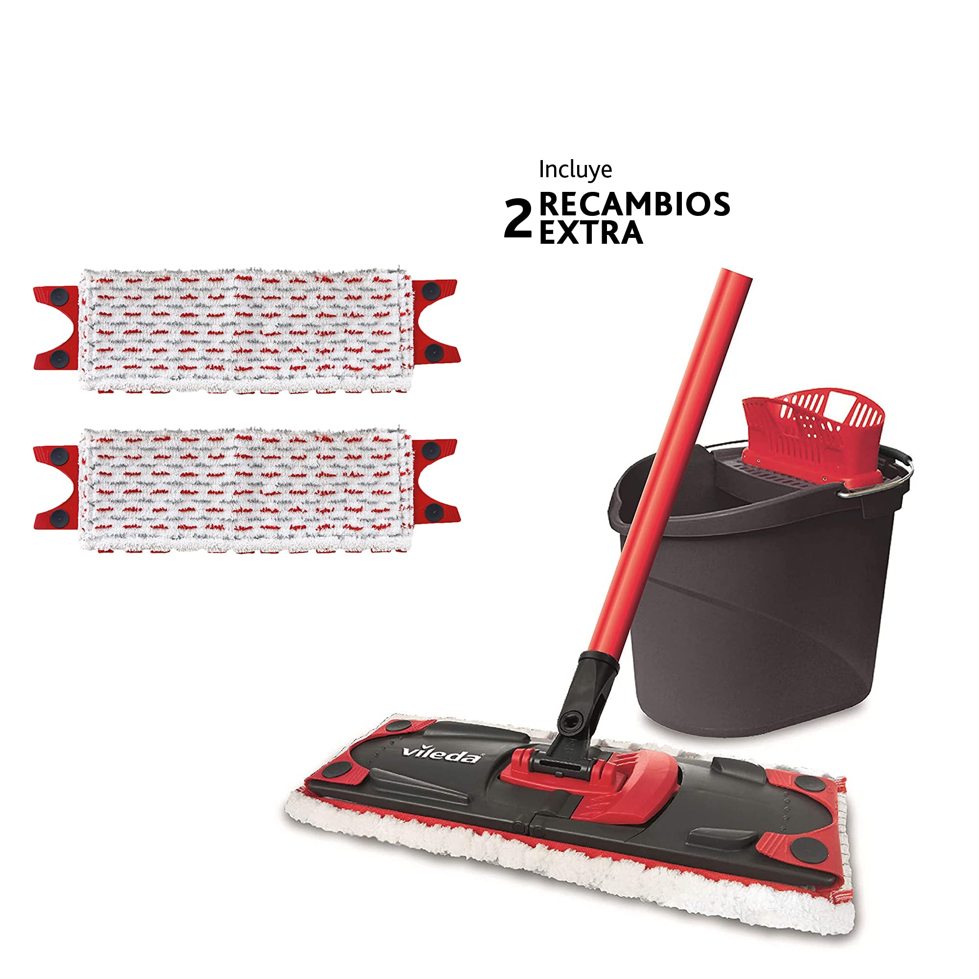 Vileda Ultramax - Set de limpieza, mopa de microfibras 2en1 para fregar y cubo con escurridor, cubo y mopa con palo telescópico para todo tipo de superficies, contiene 2 recambios adicionales