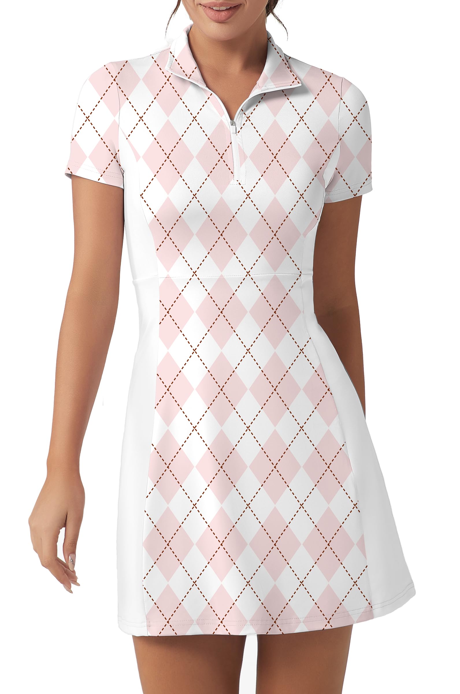 FKEEP Women's Checkerboard Pink and White Colorblock Tennis Golf Dress with Shorts, M