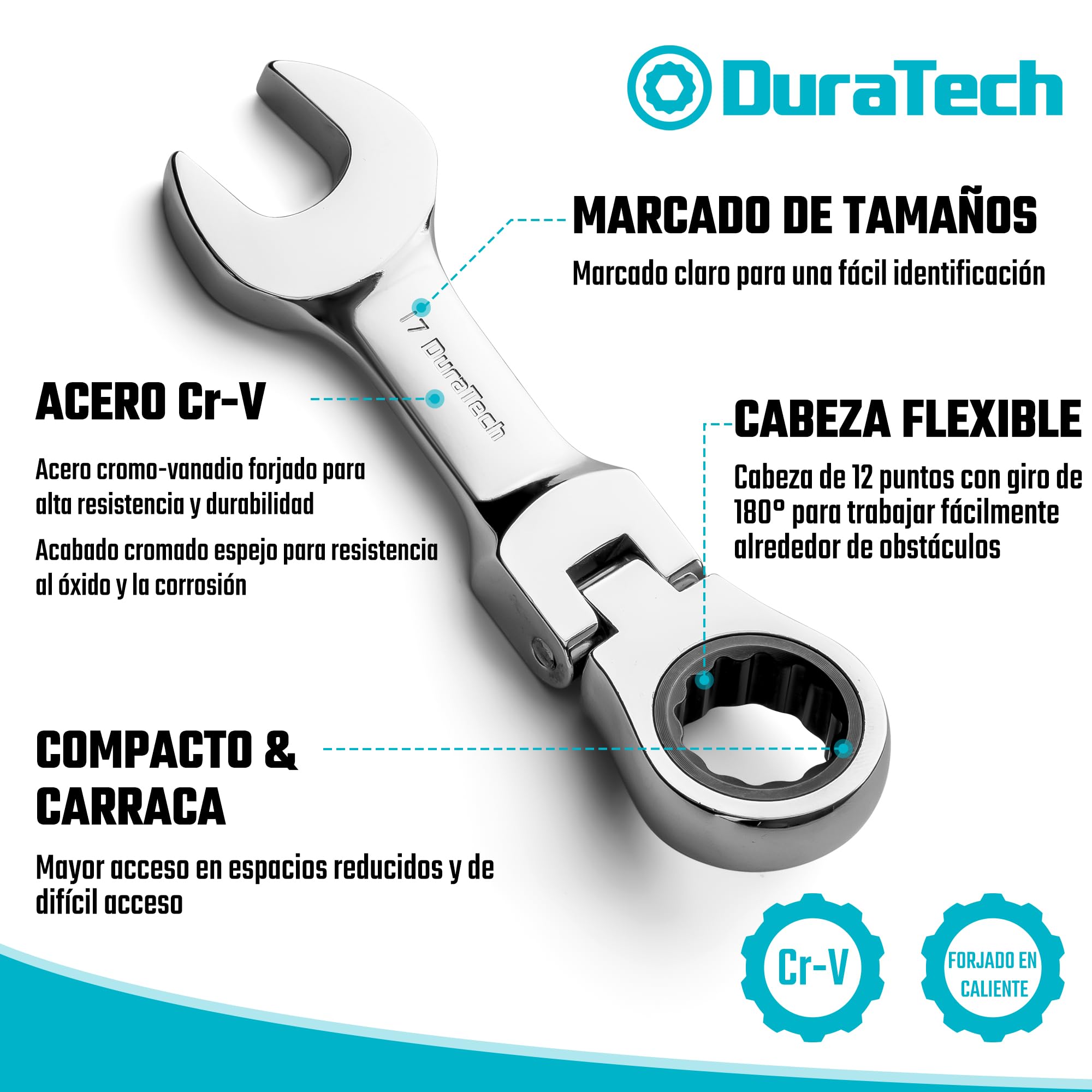DURATECH Juego de llaves combinadas de trinquete Stubby Flex-head, métricas, 12 piezas, 8-19 mm, acero CR-V, con bolsa