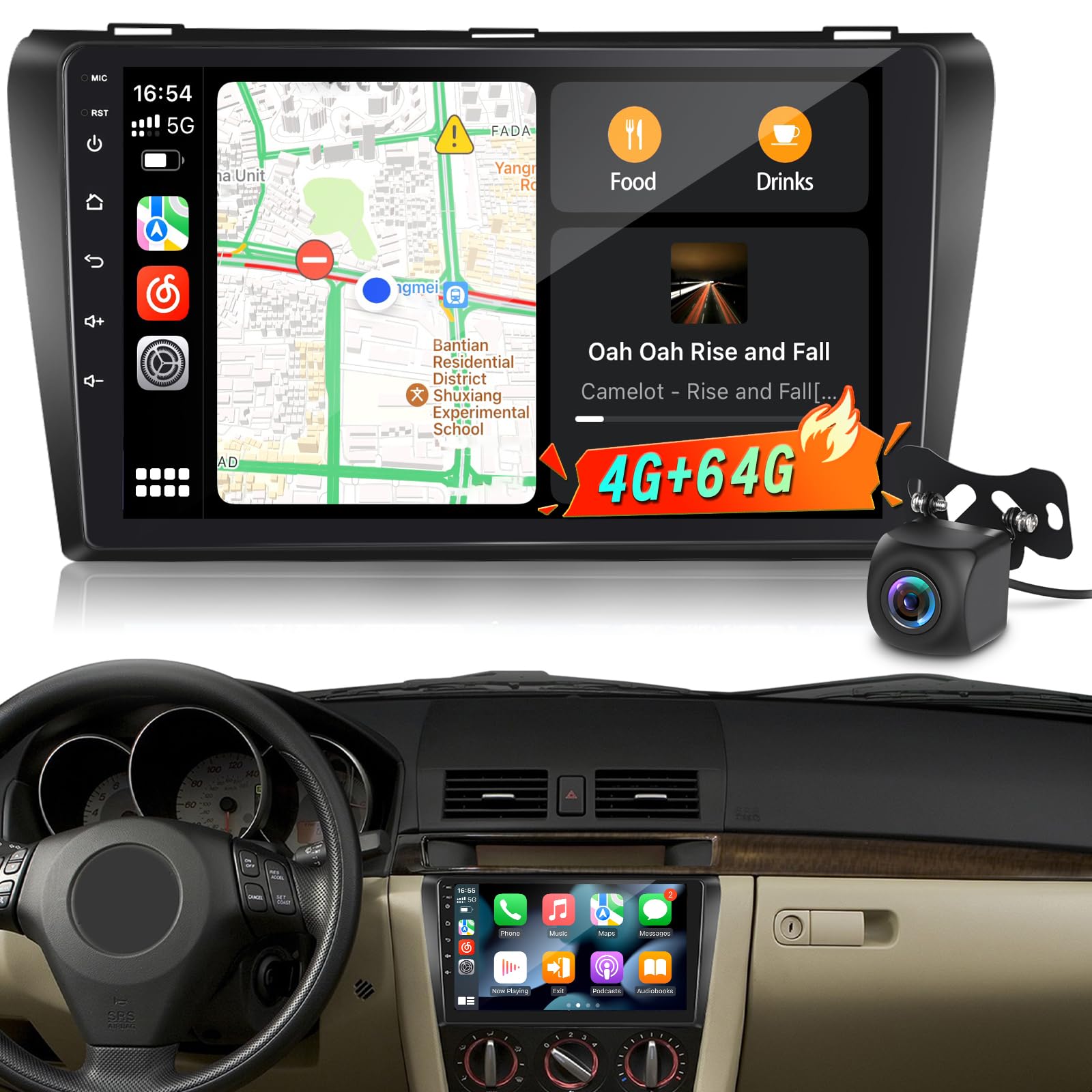 4G+64G Android Autoradio per Mazda 3 2003-2009 con touchscreen 9 pollici 1280x720, CarPlay & Android Auto Wireless, DSP 32EQ, WiFi, GPS, FM RDS Radio, Bluetooth 5.0, SWC + Retrocamera