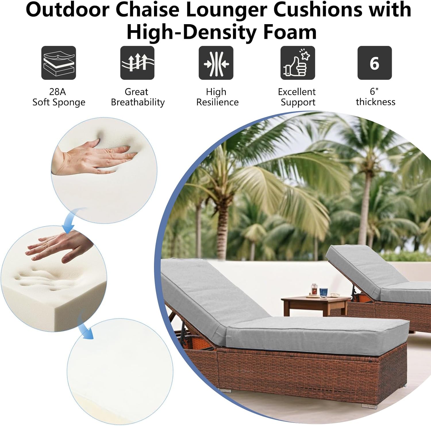 Outdoor Chaise Lounge Cushion 72"x21"x6", Waterproof 6" Extra Thickness Lounge Cushion with Removable Cover, Patio Lounge Chair Cushions for Outdoor Furniture, Light Gray