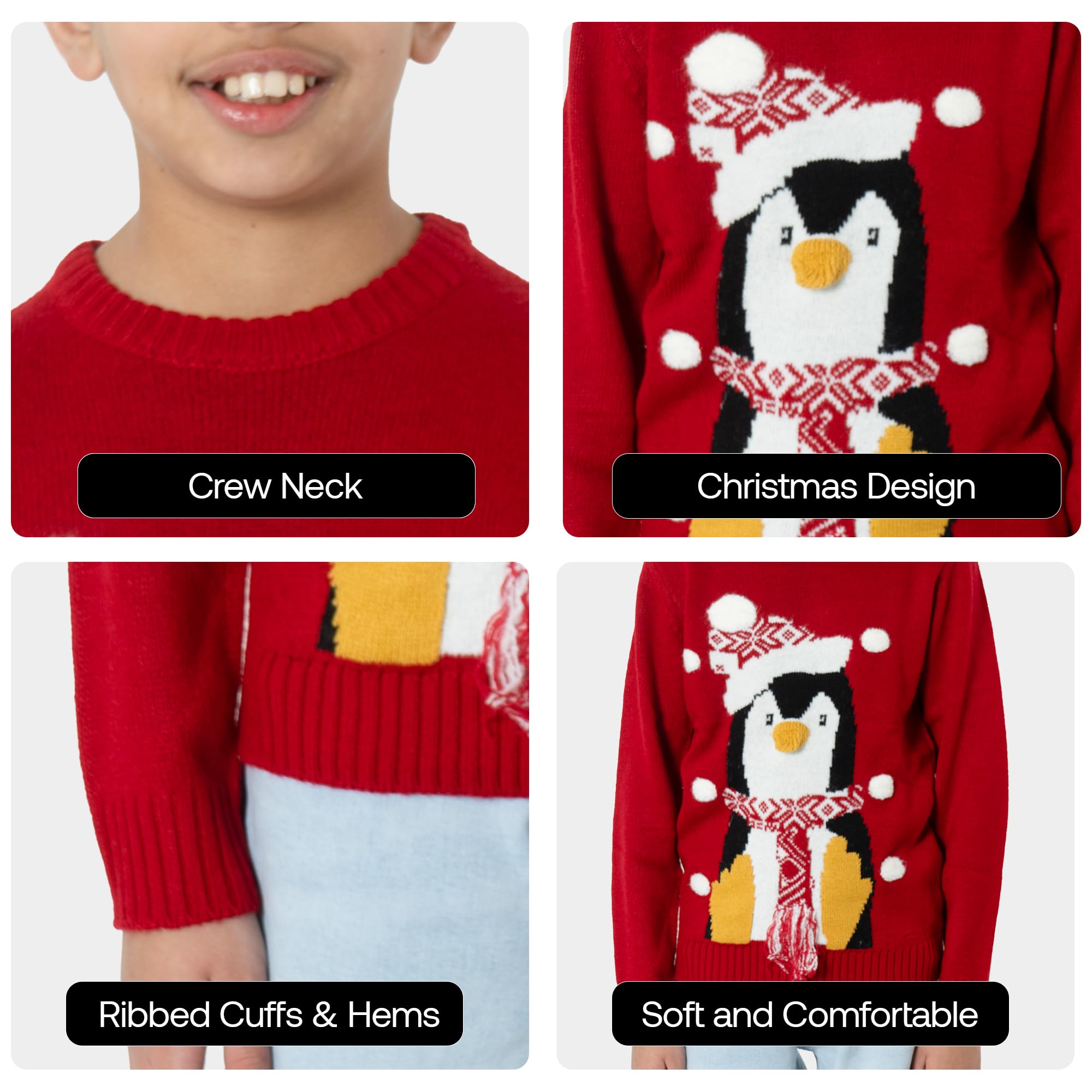 NOROZE Xams, Pullover Pullover per Bambina, Unisex, Motivo: Babbo Natale, Pupazzo di Neve, Renna, Manchot
