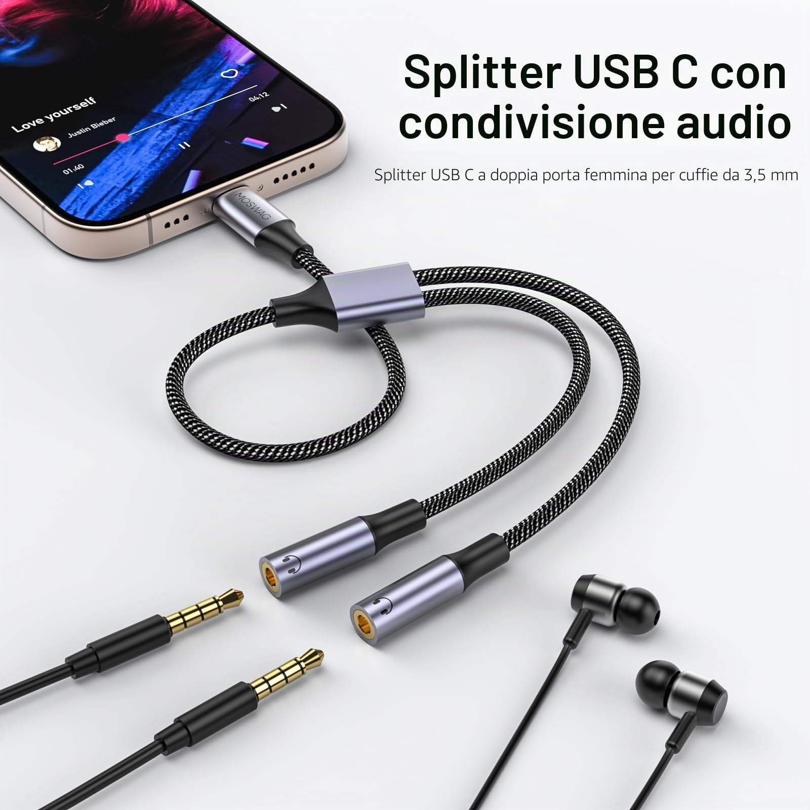 MOSWAG Adattatore USB C Jack Splitter, Adattatore Splitter Jack USB C a Doppio Ingresso da 3,5 mm compatibile con Galaxy S24 S23 S22 S21 iPhone 16 Pro Max/16 Pro/16 Plus, Pixel 7 6 Pro 5