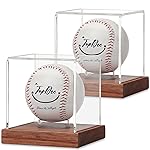 JupDec Baseball Display Case, Clear Cube Baseball Holder with Wooden Base, Autograph Baseball Stand Box for Single Ball, Acacia Wood, Brown, 2 Pack