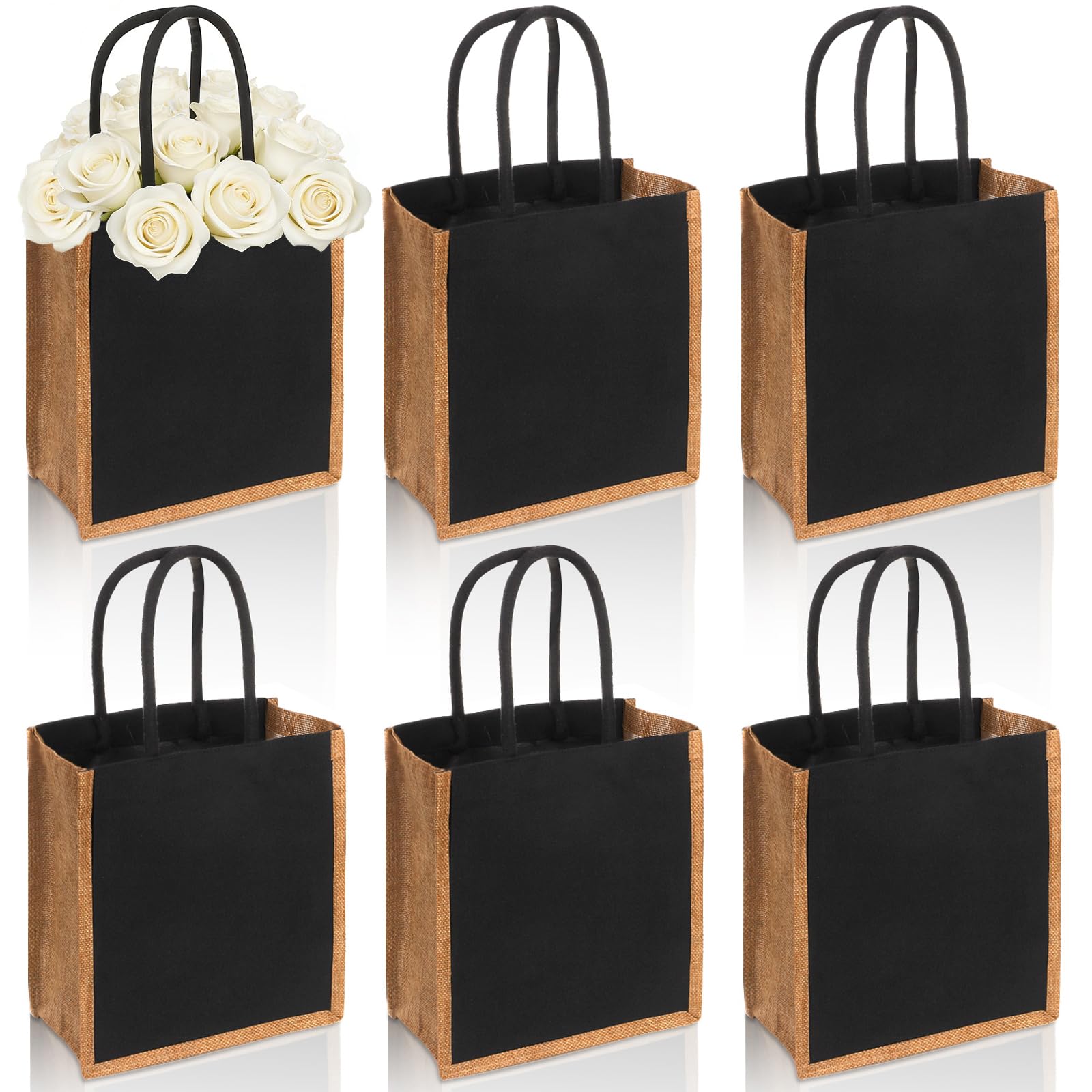 SOUJOY 6 Pack Burlap Tote Bags, Reusable Gift Tote with Handles, Black Jute Beach Bags, Canvas Grocery Shopping Tote for Bridesmaid, DIY, Shopping,