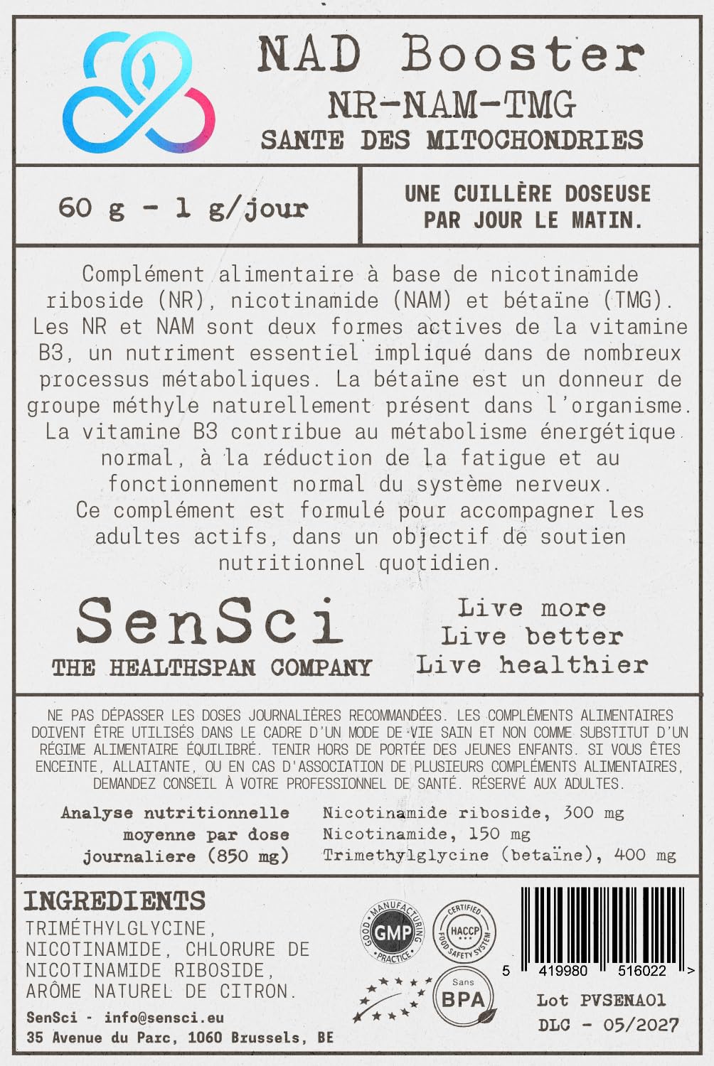 NAD+ Booster 60 jours | Nicotinamide Riboside NR + Nicotinamide + TMG | Énergie cellulaire & vitalité | Formulé par expert scientifique | 60 doses