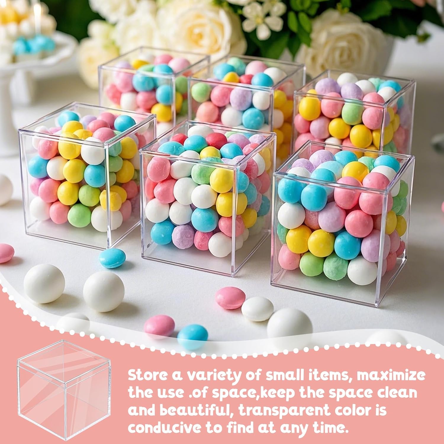 Ptwola 40Pcs Clear Acrylic Box with Lid Small Plastic Jewelry Display Box Mini Decorative Storage Case Cube Containers for Storage Stackable Candy Card Tiny Earring Jewelry Beads Wedding Party Favors