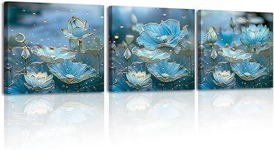 لوحة قماشية لزهرة اللوتس الزرقاء بتأثير ثلاثي الأبعاد مطبوعات زهور أنيقة على القماش ببرواز مدمج صورة على القماش لتزيين المكتب المنزلي 30×30 سم من باي باينتينغ، مجموعة من 3 قطع