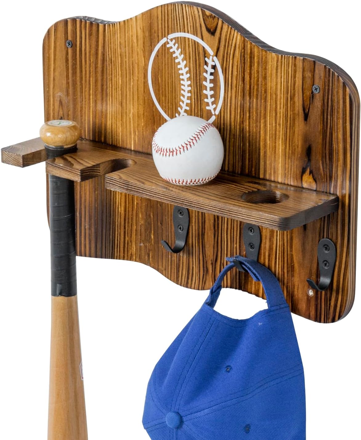 MyGift Baseball and Bat Organizer Display Rack with 3 Metal Hanging Hooks, Wall Mounted Solid Burnt Wood Baseball Holder Shelf for Balls, Bats, Hats