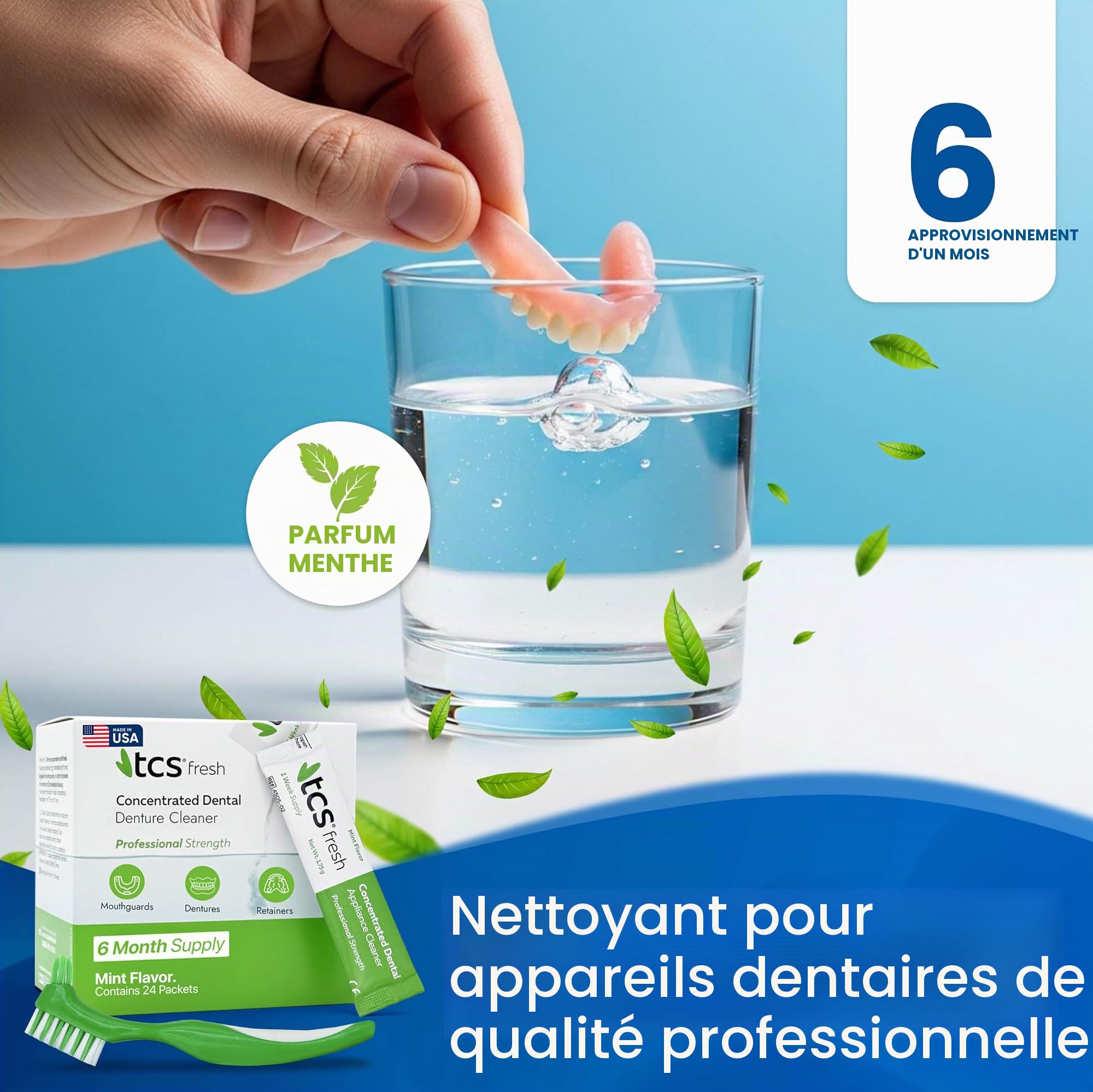 TCS Fresh Kit de nettoyage pour appareils dentaires – 6 mois d'approvisionnement – Solution de nettoyage concentrée de force professionnelle avec brosse dentaire à poils doux