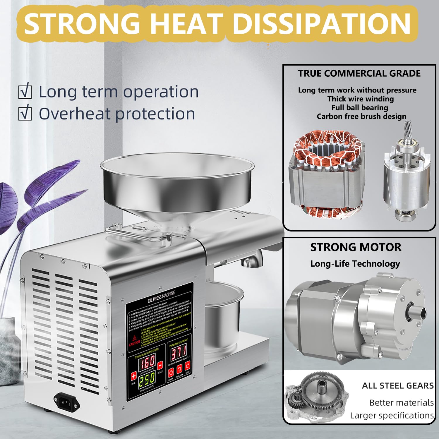 Máquina eléctrica de prensa de aceite de 1100 W - Extractor de aceite frío y caliente, acero inoxidable de grado alimenticio, tolva de 6 L, alto rendimiento de aceite, fabricante de aceite eficiente