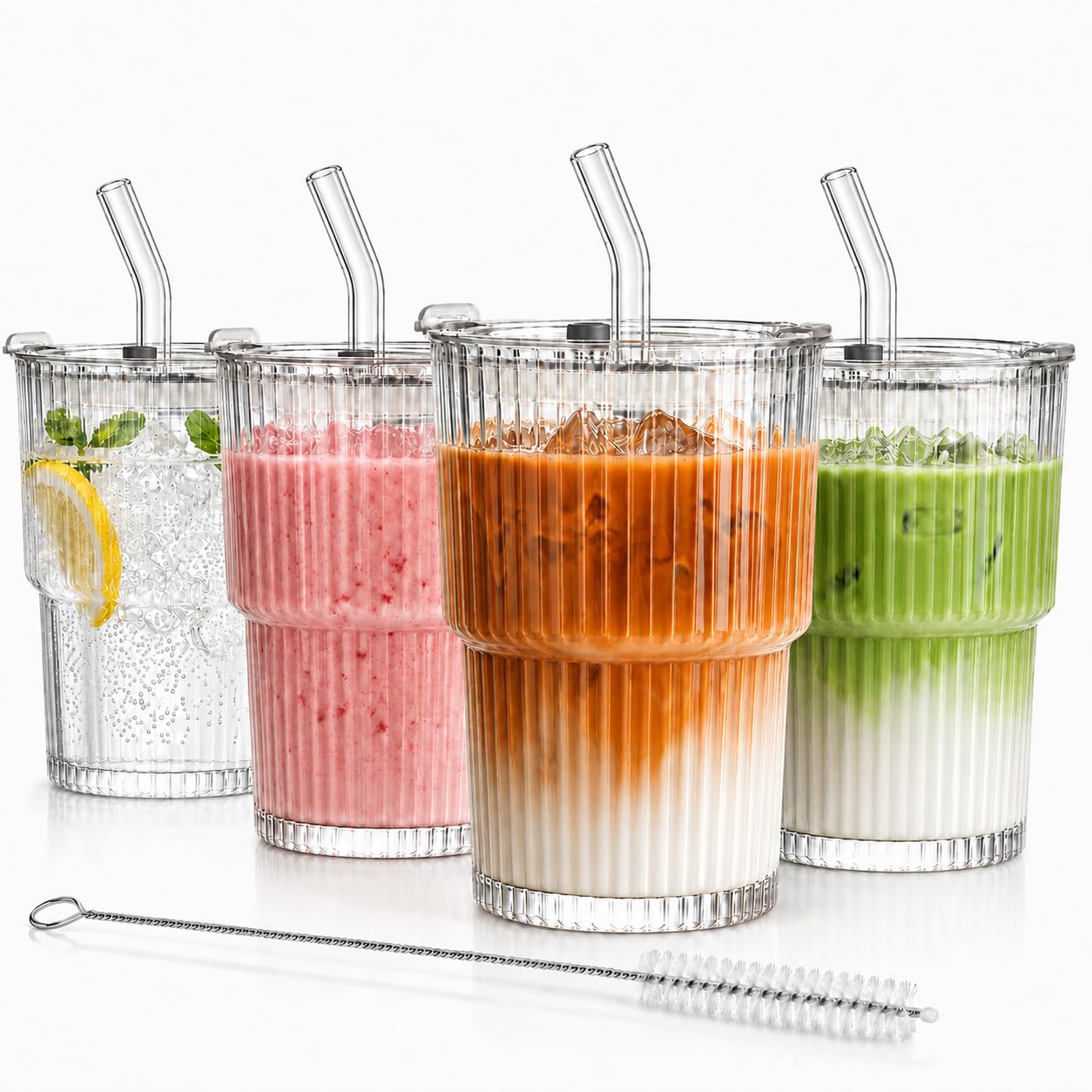 ALINK 2 Stück 400ml Glasbecher mit Deckel und Strohhalm, Glas Smoothie Becher mit Strohhalm, Luftdicht Wasserdicht Design Kaffeebecher Travel Mug, Eiskaffee Becher, Trinkglas