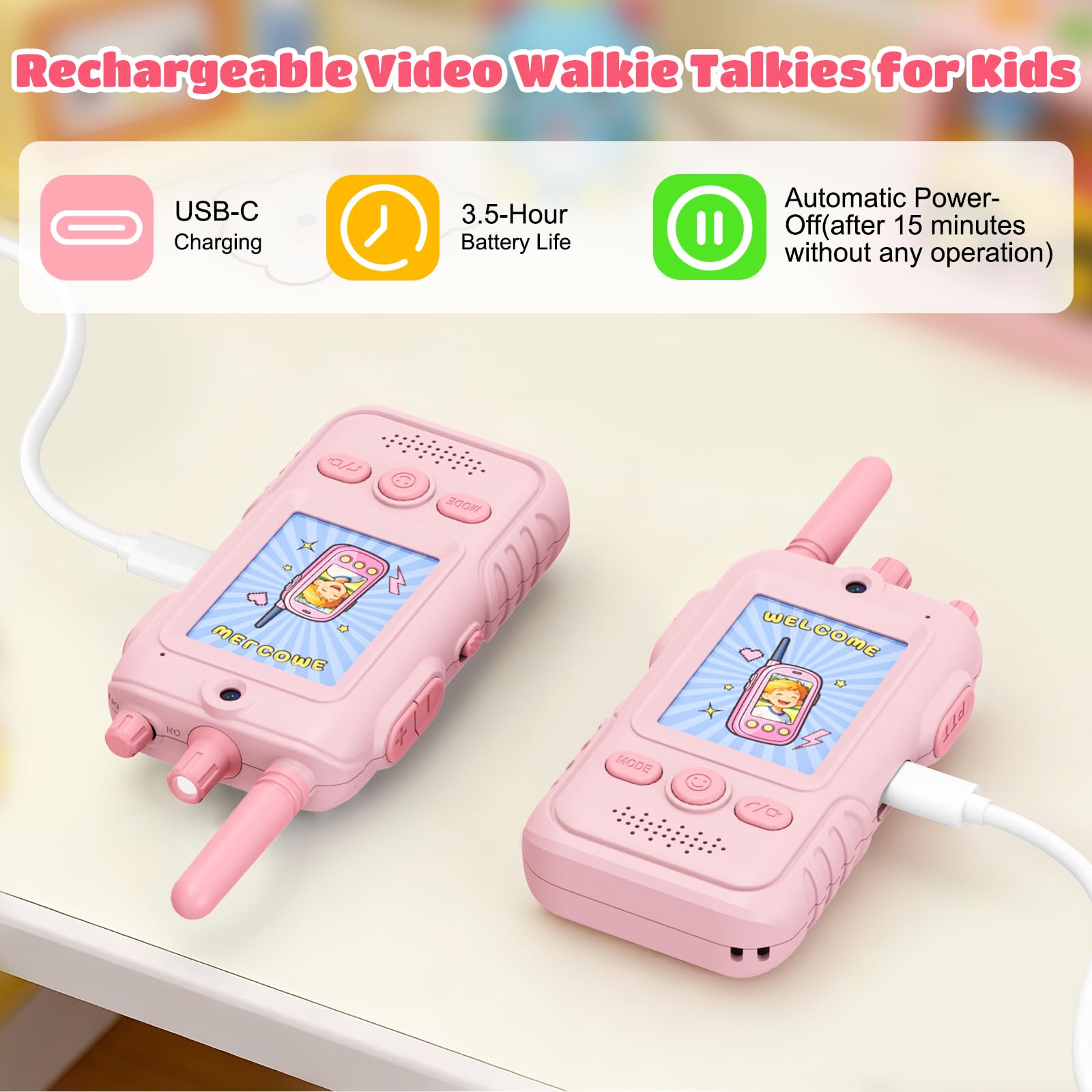 Walkie Talkie para Niños(Set de 2),Walkie Talkies Recargables con Videollamada,Largo Alcance de 400 m, Clip para Cinturón y Linterna LED,Juguete Regalo de Cumpleaños para Niños y Niñas de 3 a 12 Años