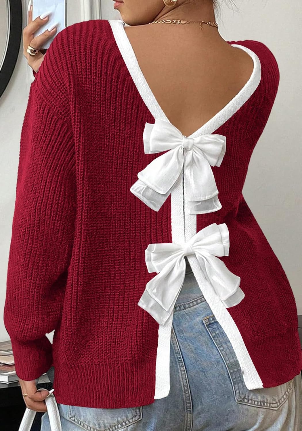 Unybwonn Women Bow Pullover Sweater Long Sleeve Crewneck Knit Ribbed Top Casual Trendy Knot Lightweight Sweaters - Image 5