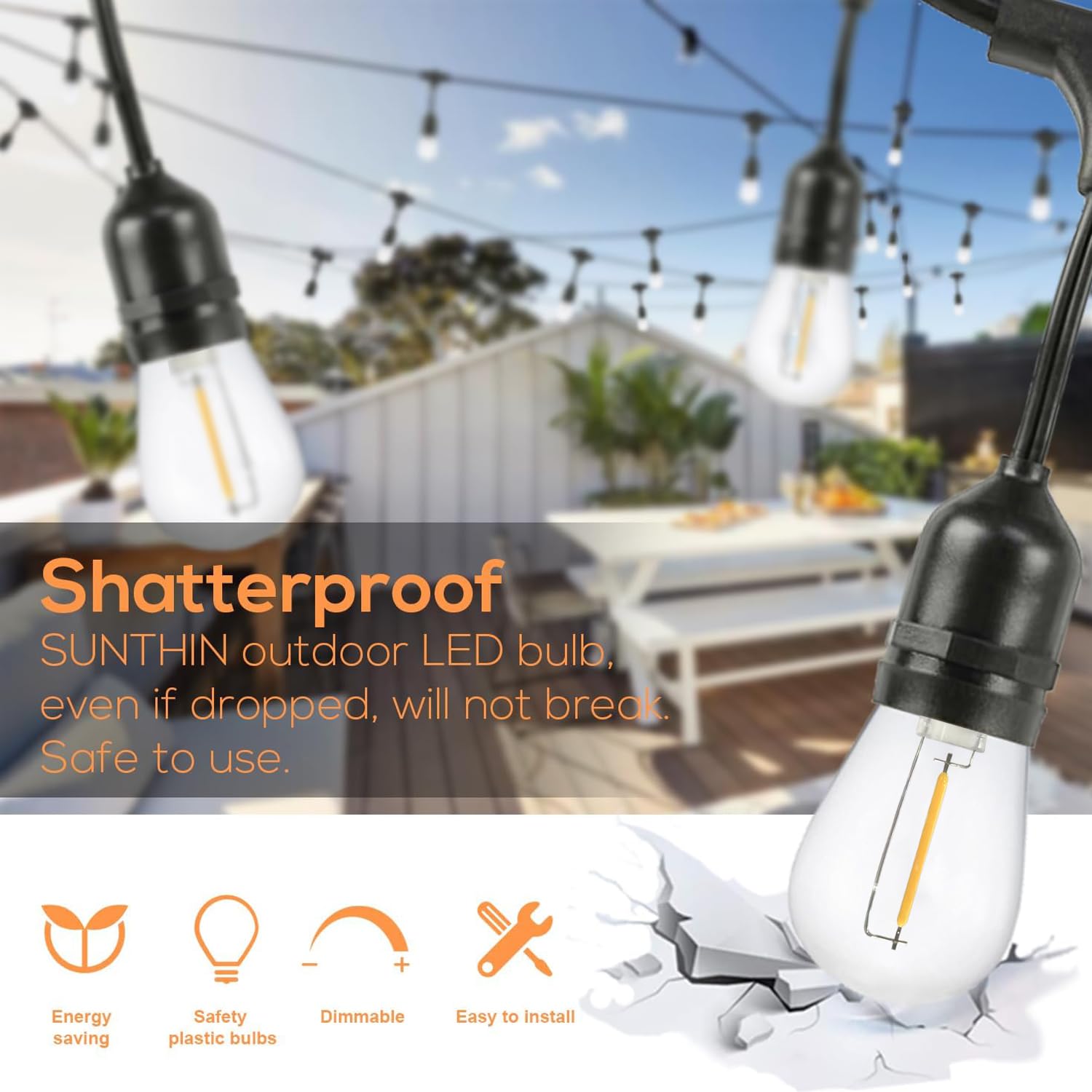 SUNTHIN 25 Pack Dimmable 1W S14 Replacement LED Bulbs 2700K Warm White Waterproof Outdoor String Lights Vintage Filament — view 4