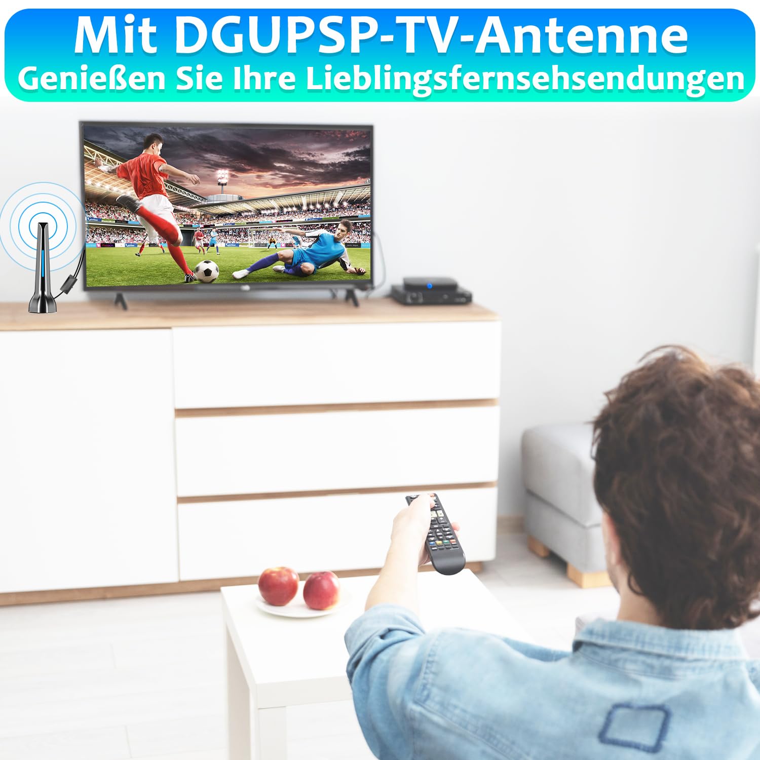 Antenne DVBT2 - Antenne d'intérieur DVB-T et DVB-T2 avec amplificateur, grande portée et réception à 360° - Antenne d'intérieur pour téléviseur avec base magnétique puissante - Convient pour 4K 1080p