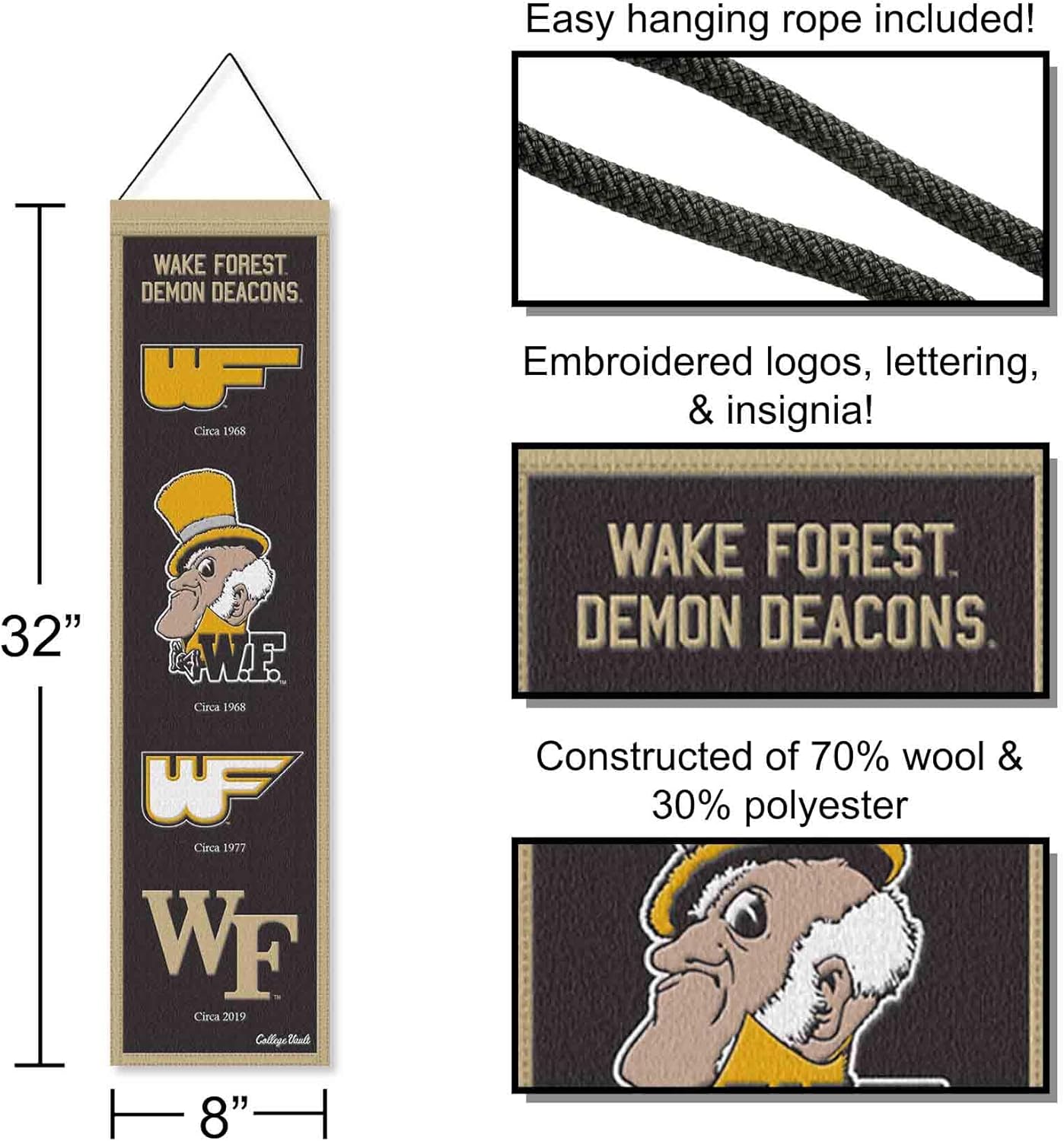 WinCraft Wake Forest University Demon Deacons Evolution 8x32 Inch Vertical Wool Embroidered Hanging Banner
