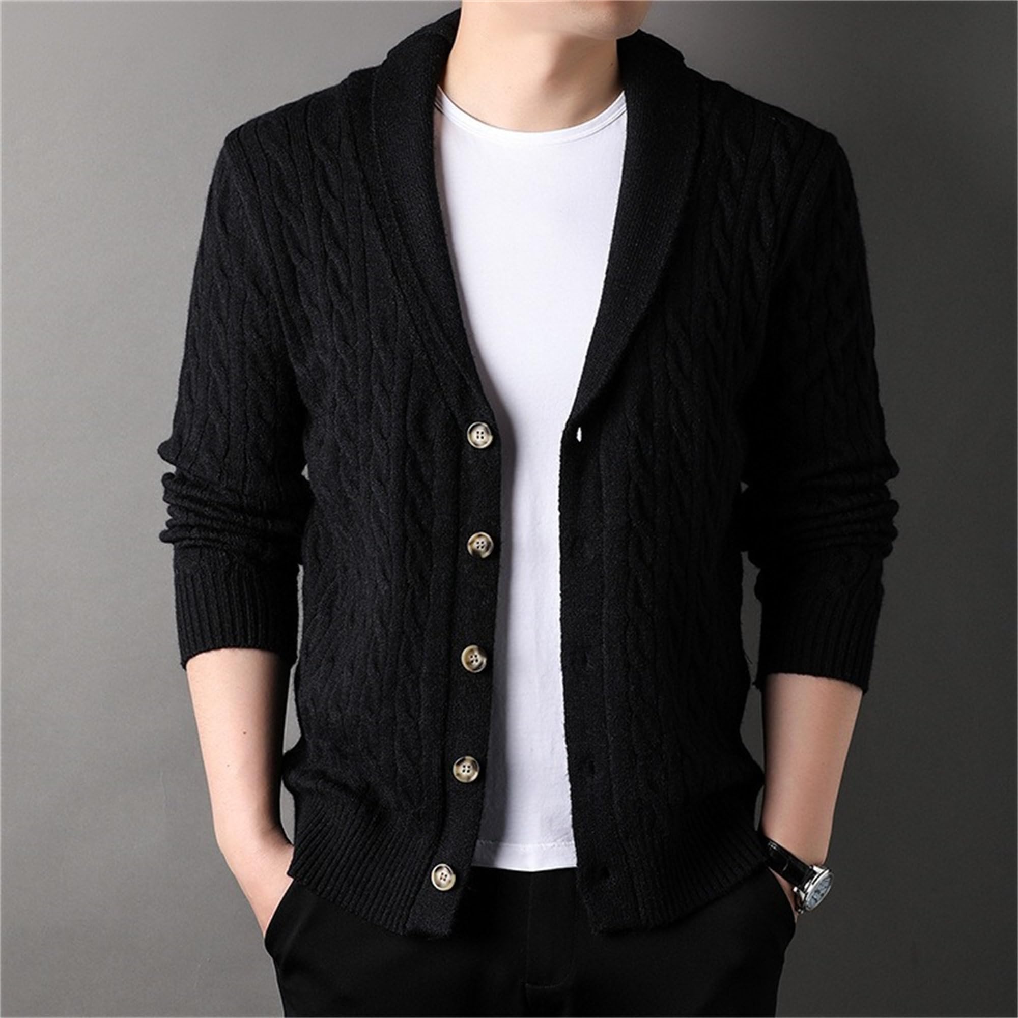 Cárdigan de punto trenzado para hombre, con cuello de chal, con botones, mezcla de lana, ropa de punto casual con botones