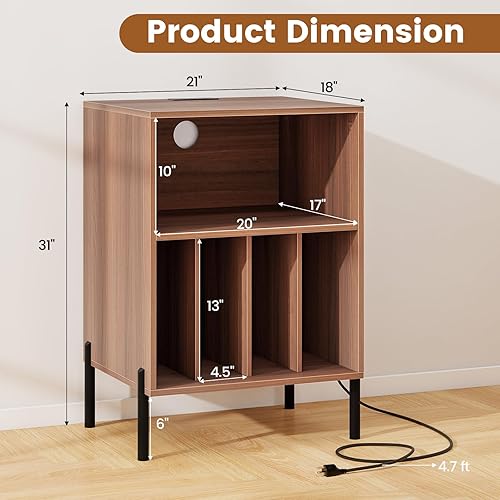Miniatura 3 de Tangkula Soporte para tocadiscos, mesa auxiliar giratoria con estación de carga y armario de almacenamiento de discos de vinilo con capacidad para