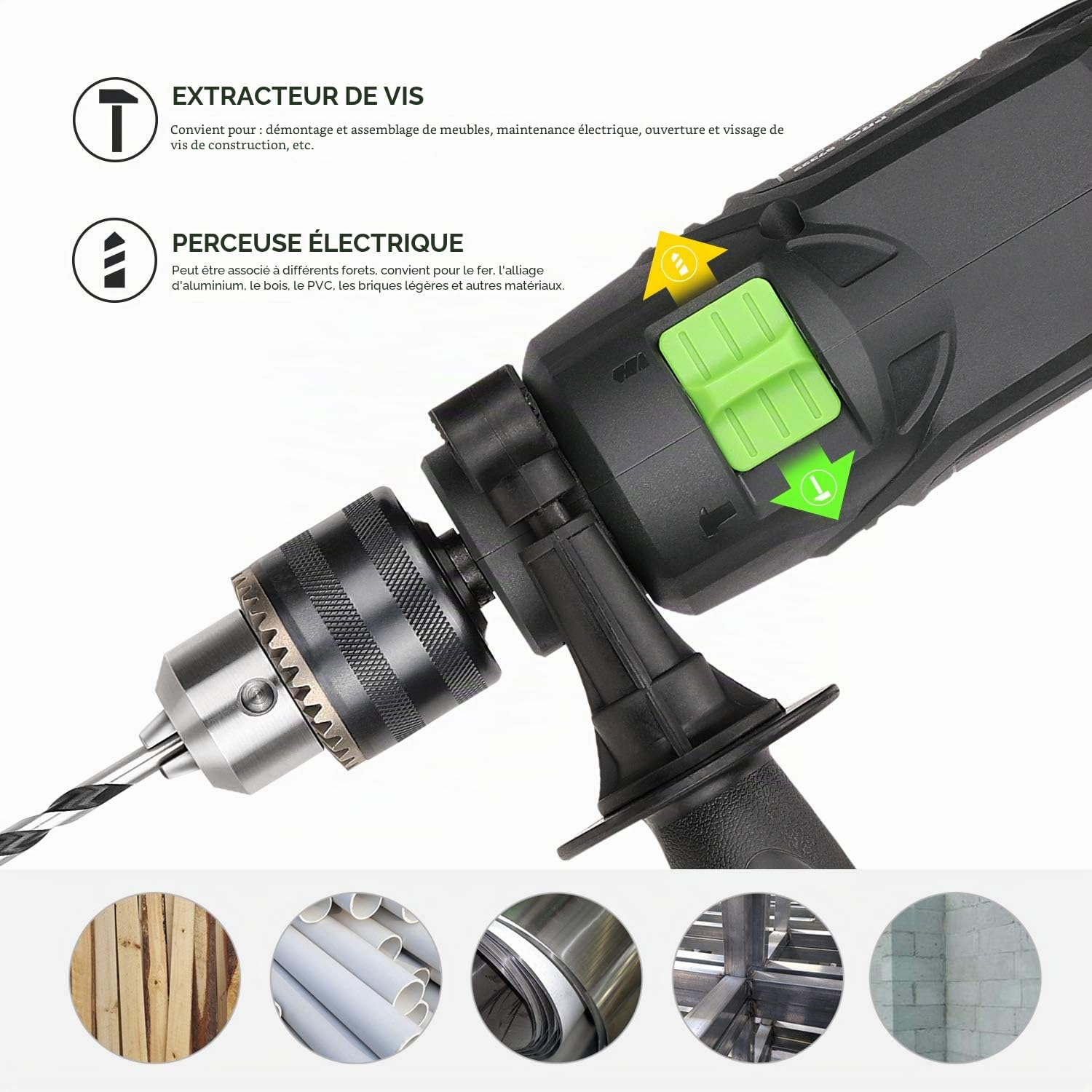GALAX PRO Perceuse à percussion 600W, 13mm mandrin de perçage, 0-3000RPM, Perceuse puissante à vitesse variable pour métal, bois et béton
