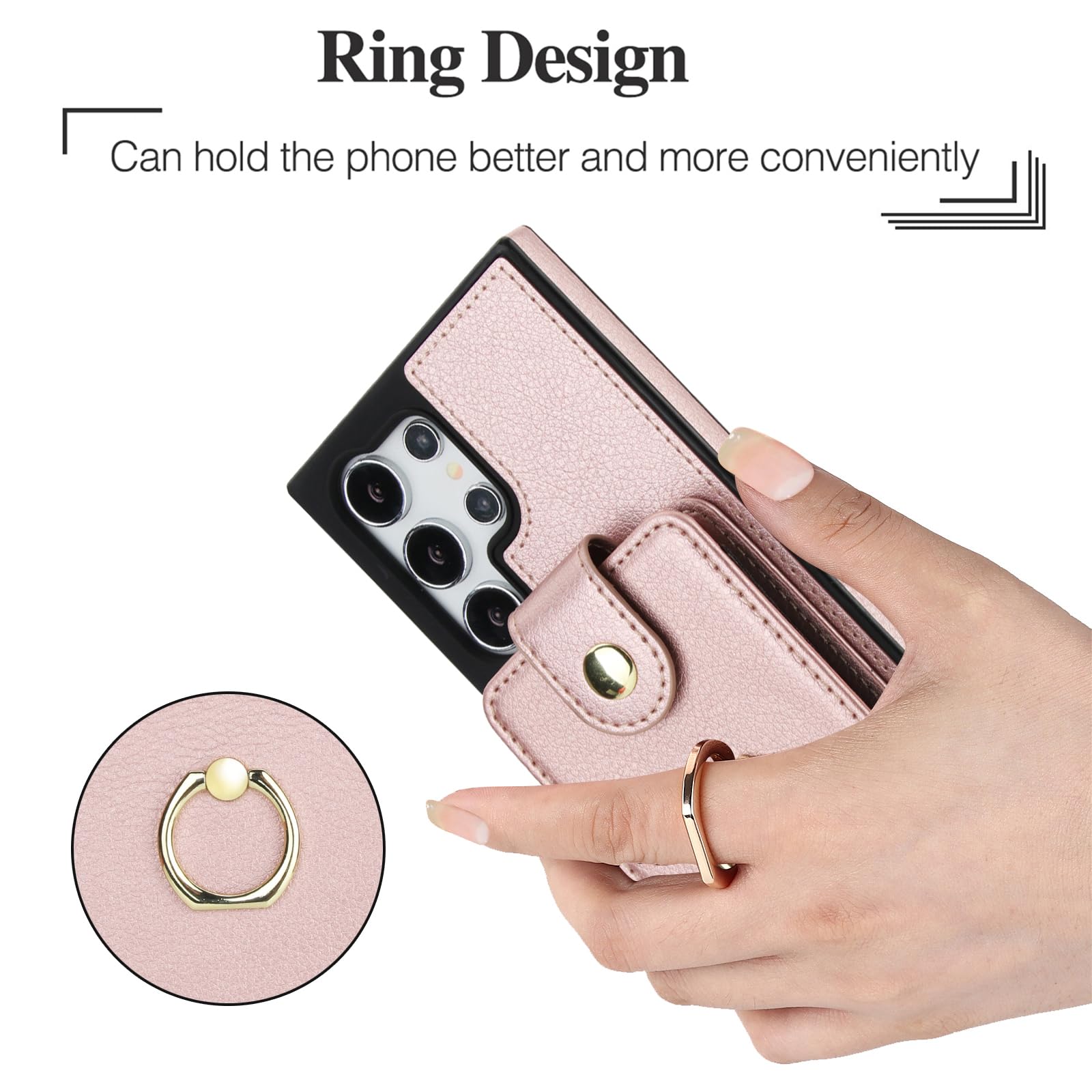 Custodia a portafoglio per Samsung Galaxy S24 Ultra 5G, chiusura magnetica rimovibile, con anello, cavalletto a tracolla, compatibile con MagSafe RFID Blocking S24Ultra, da donna, oro rosa