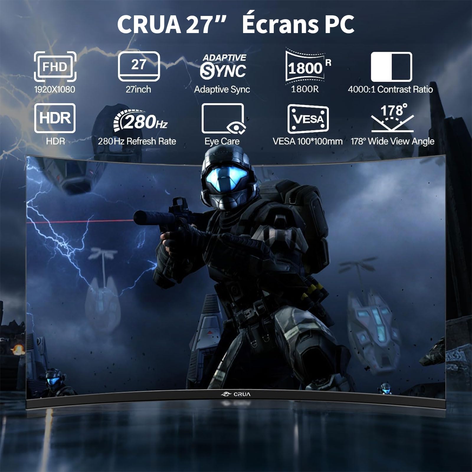 CRUA Ecran PC Gamer Incurvé 27 Pouces - 280Hz/240Hz,FHD 1920x1080,Écran Incurvé 1ms MPRT, sRGB, Anti-Lumière Bleue, HDR, Adaptive Sync, HDMI DP, VESA