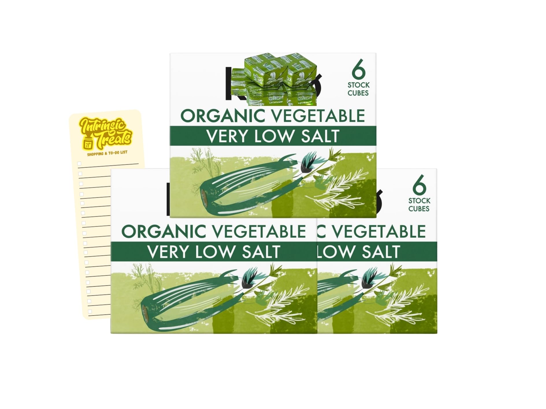 Vegetable Stock Cubes Bundle with Very Low Salt Vegetable Stock Cubes 6 x 10g with Intrinsic Treats Shopping List Card (Pack of 3 - Total of 18 Cubes)