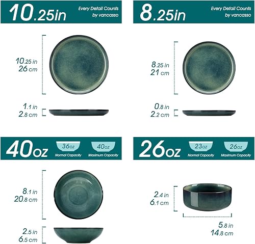 vancasso STARRY Set di Piatti per 6 Persone, Servizio da Tavola 24 Pezzi in Gres - Adatti al Forno a Microonde e Lavastoviglie - Smalto Reattivo Verde - 2