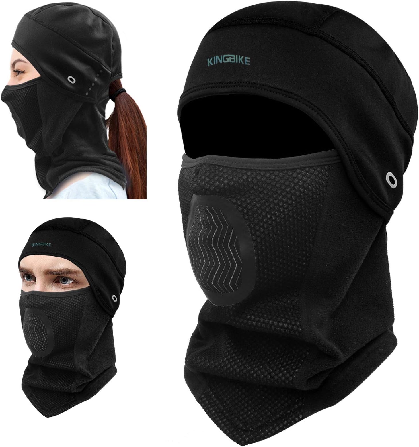 KINGBIKE Balaclava Ski Mask Motorcycle Running Full Face Cover Windproof Neoprene With Micro-polar Fleece Masks Black for Men Women Warm Winter Cold Weather Gear Cycling Ponytail Hole-black