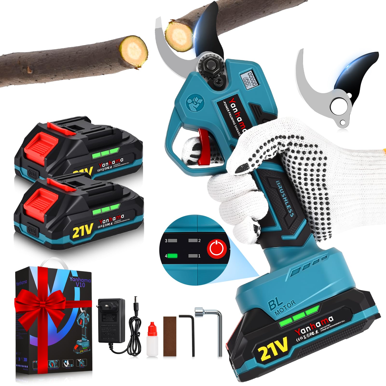 Yanhama Akku Astschere 50mm Akku 2*2000mAh Bürstenloser Motor 4-Stufen Öffnung SK5-Stahlklingen Elektrische Bypass-Gartenschere mit LCD-Schnittzählerm Elektrische Astschere für Garten Äste Obstgärten