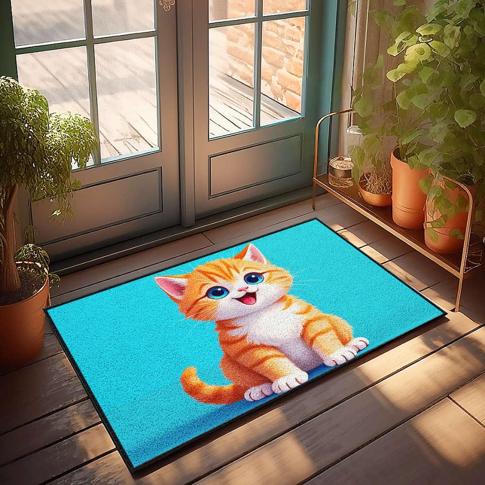 Paillasson Welcome-Ish grand format 65 x 90 cm tapis chaton orange résistant