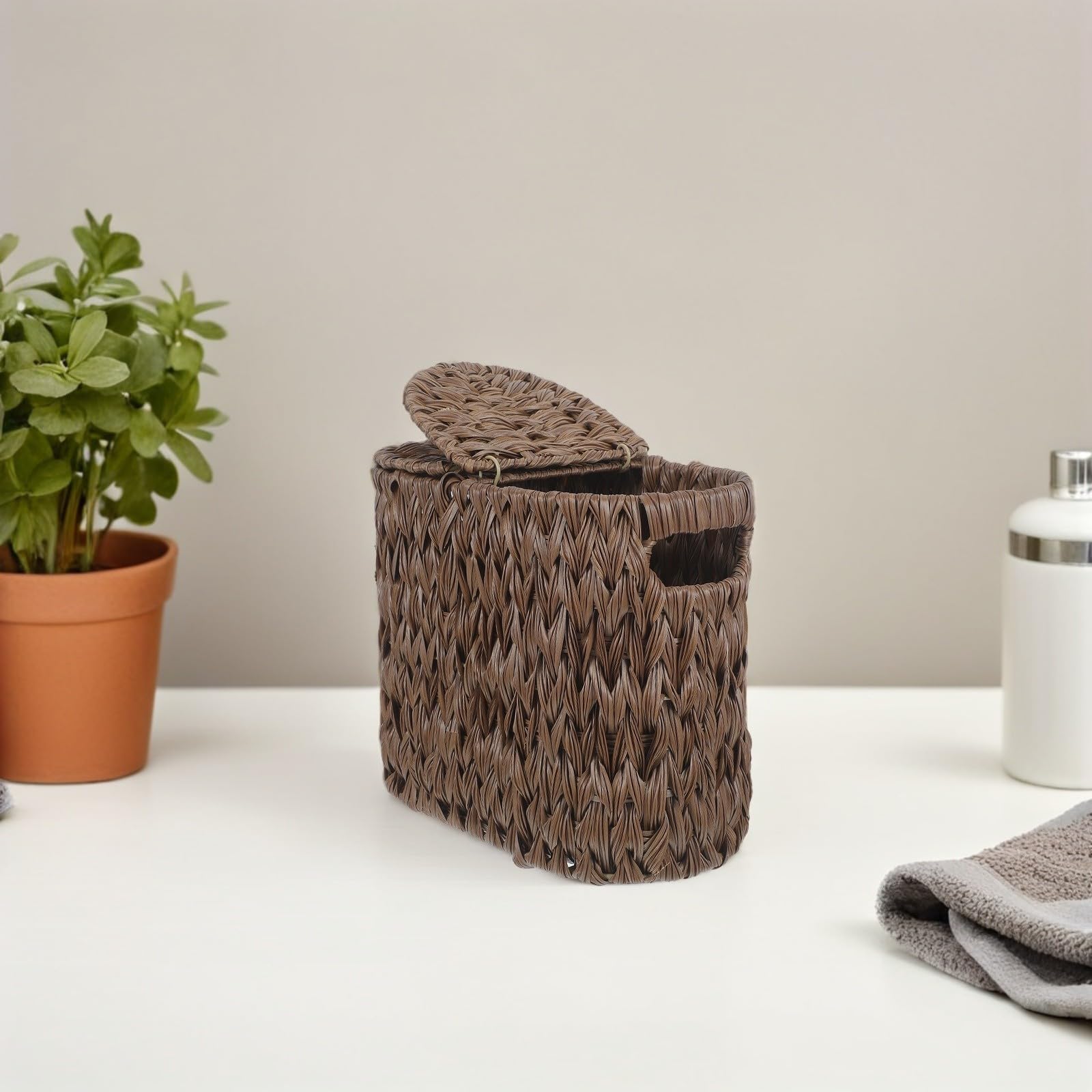 Cesta para Guardar Papel Higiénico con Tapa de Plástico, Organizador Ligero para Baño, Almacenamiento de Rollos y Artículos Pequeños en Espacios Compactos