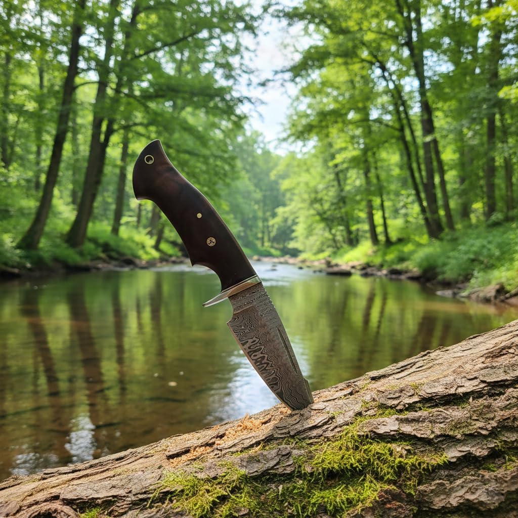 Hunting Knife 10 Inches - Handmade Damascus Steel Fixed Blade Knives - Walnut Wood Handle & Leather Sheath - Bushcraft Outdoor, Skinning & Survival Knife - Image 3