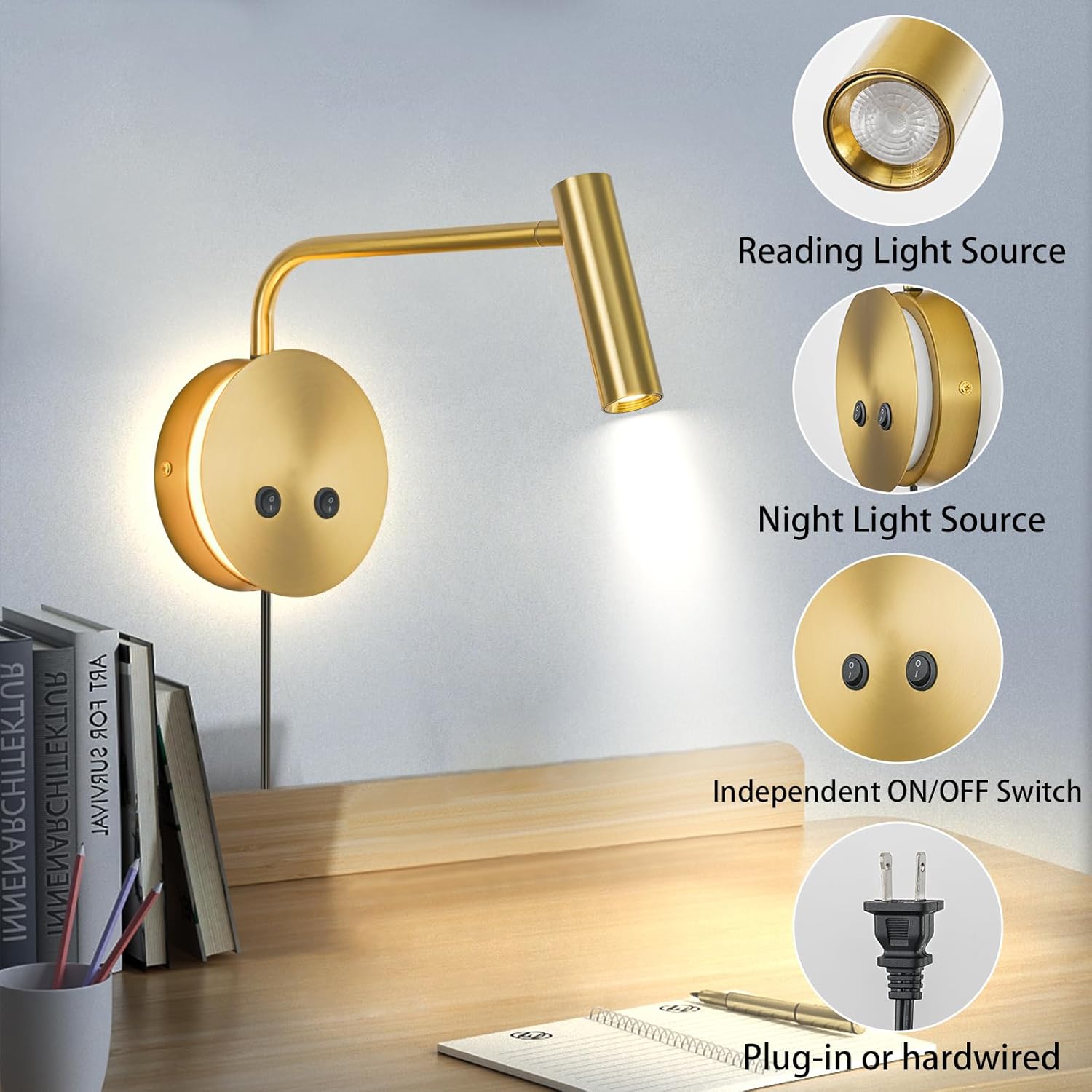 Gold Wall Mounted Reading Light 2 Pack, 3000K Flexible Headboard Reading Sconces with On Off Switch Control, Plug in/Hardwired Wall Light Fixtures with Night Light for Bedside Bedroom Bunk