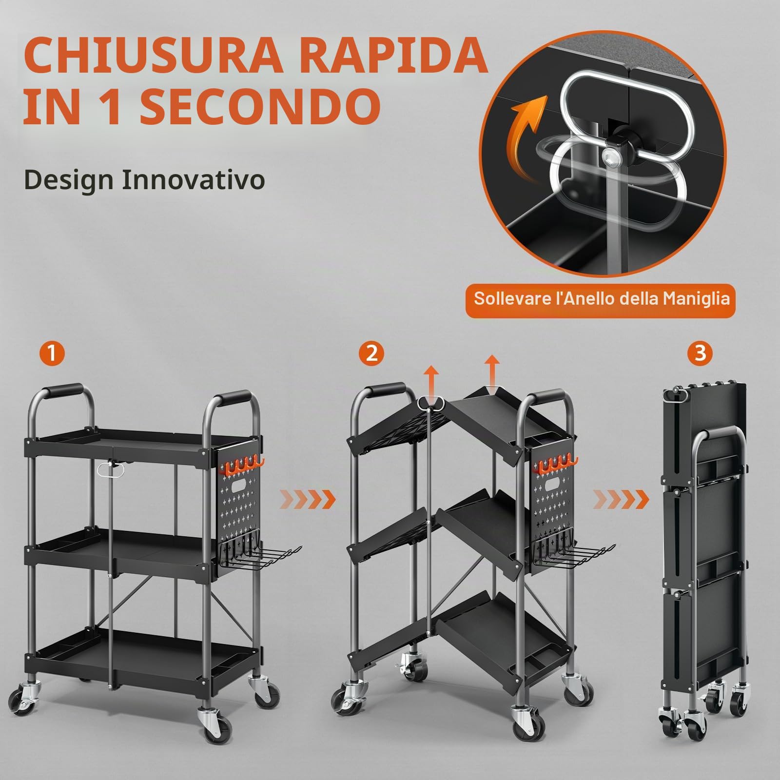 KINGRACK Carrello di Servizio Pieghevole a 3 Ripiani con Ruote e Maniglia Ergonomica, Carrello Portautensili Multiuso, Carrello Porta Attrezzi, Carrello Portaoggetti Casa Ufficio Garage Officina, Nero