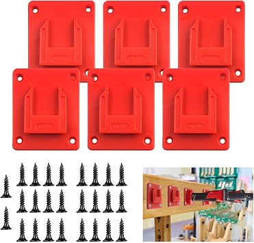 6 Packs Tool Holder for Milwaukee M18 18V Tools Wall Mount Storage Rack Drill Tools Fixing Bracket on Wall Bench with Screws RED